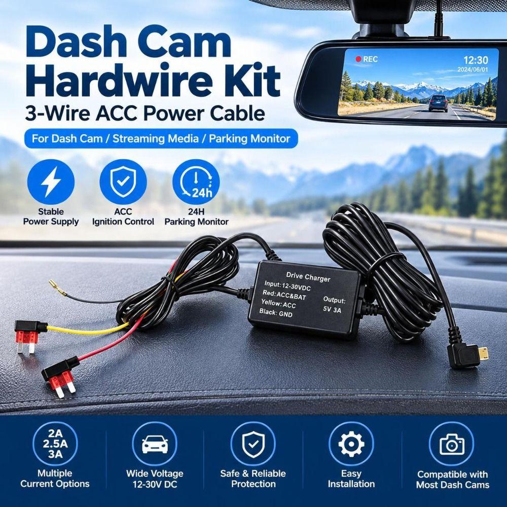 Type-C USB Port Dashcam Power Cable 12-30V Input Camera Hardwire Adapter Vehicle