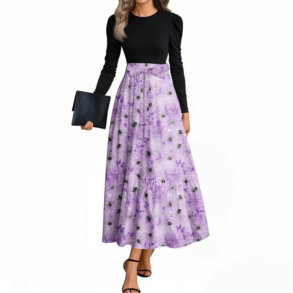 Women's Fashion Casual Belted Long Sleeve Round Neck Halloween Printed Elegant Temperament Dresses