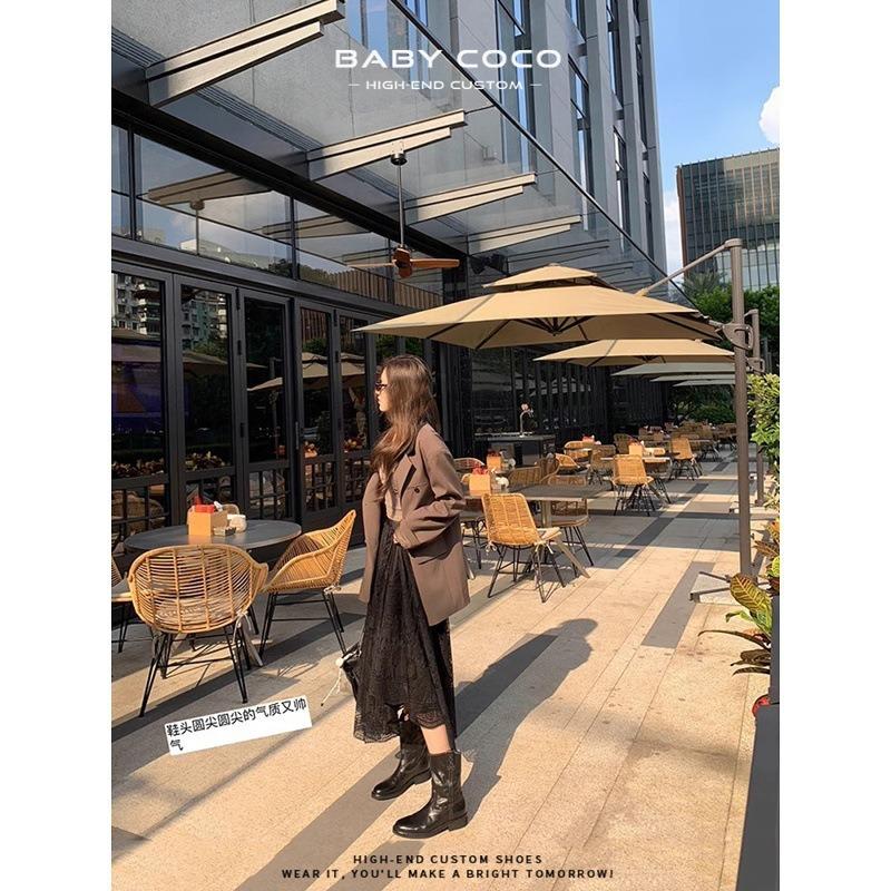 Sheepskin~ Western Cowboy Boots Women's Autumn and Winter Maillard Skinny Boots Thick Heel Medium Tube Desert Boots Locomotive Boots