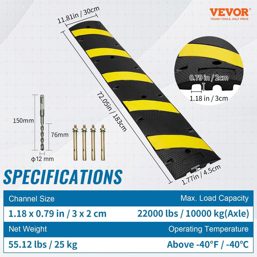 6 Ft/72'' Rubber Speed Hump, 2 Channel, 22000 Lbs Load Capacity Heavy Duty Traffic Speed Bump, with High Reflective Yellow Strip 4 Expansion Screws