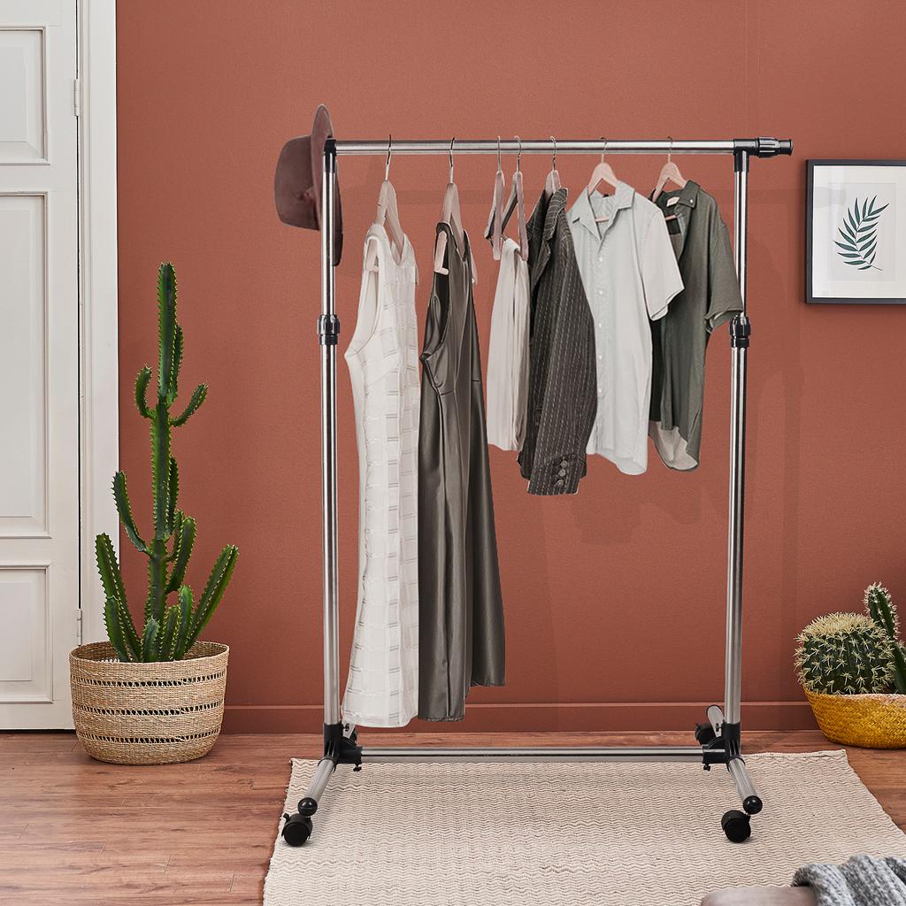 Stainless Steel Clothes Rack with 4 Wheels, Adjustable Height and Length, 95x45x170cm