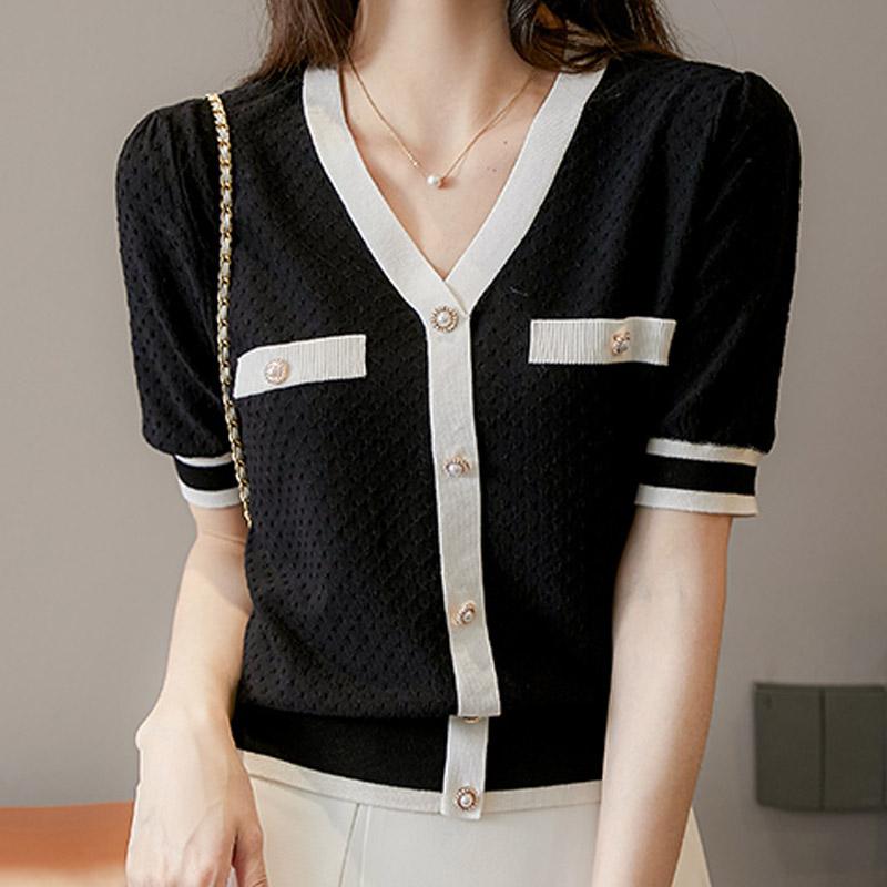Women Sweaters Pullovers 2025 Summer Short Sleeve V-Neck White Black Knitted Sweater Women Tops Pullover JJ296