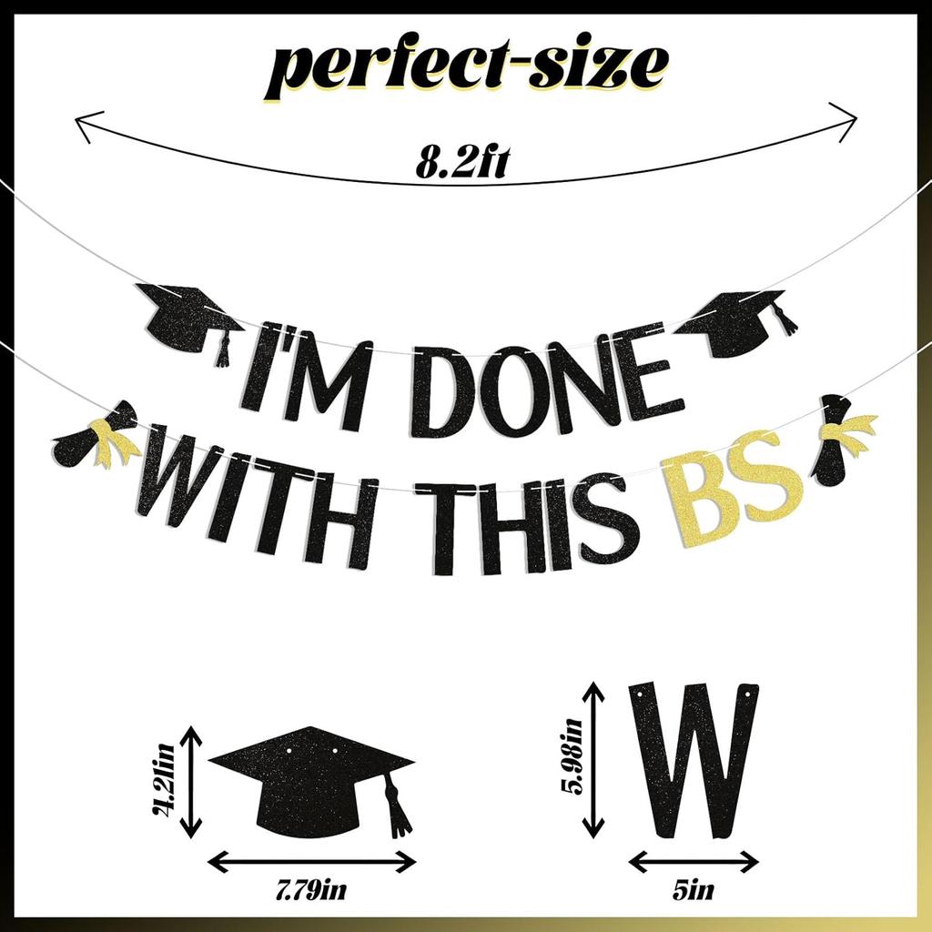 I'm Done With This BS Banner - Congrats Bachelor Grad Party Banner, Bachelor's Degree Graduation Party Decorations Black Glitter