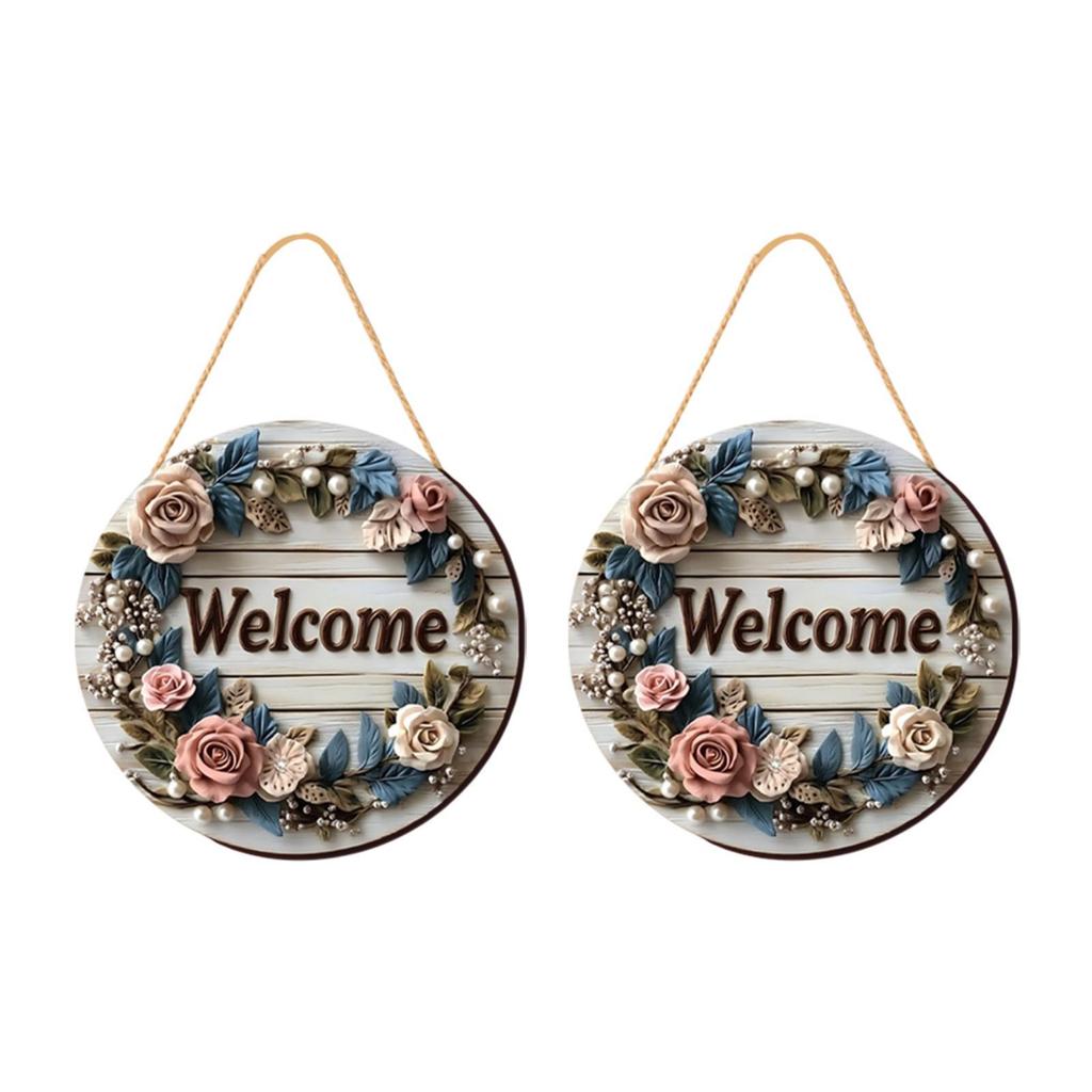 2Pcs Floral Welcome Signs Wood Plaque Outside Round Home Decor 20cm Fireplace Wooden Hanging Signs for Porch Garden Classroom