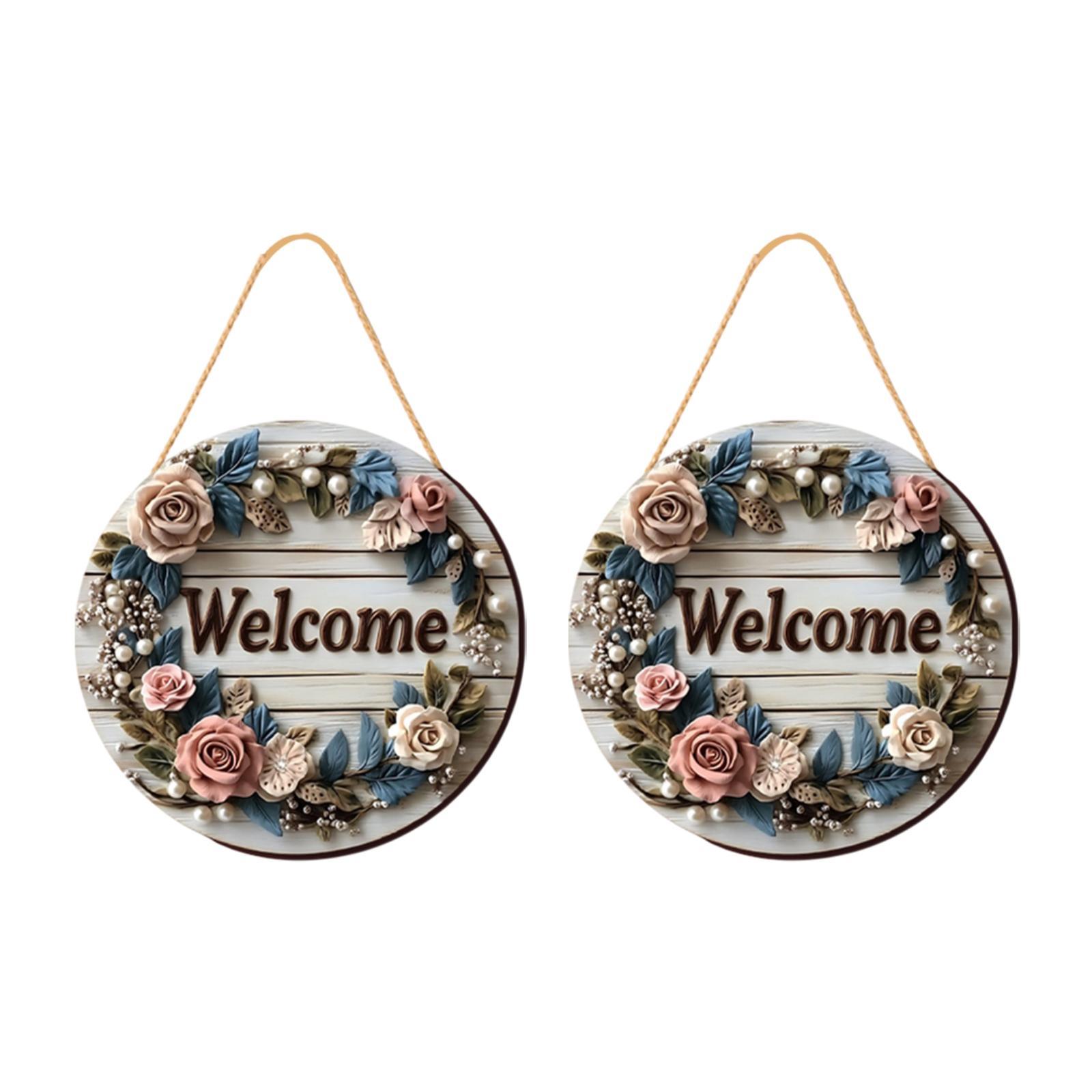 

2Pcs Floral Welcome Signs Wood Plaque Outside Round Home Decor 20cm Fireplace Wooden Hanging Signs for Porch Garden Classroom