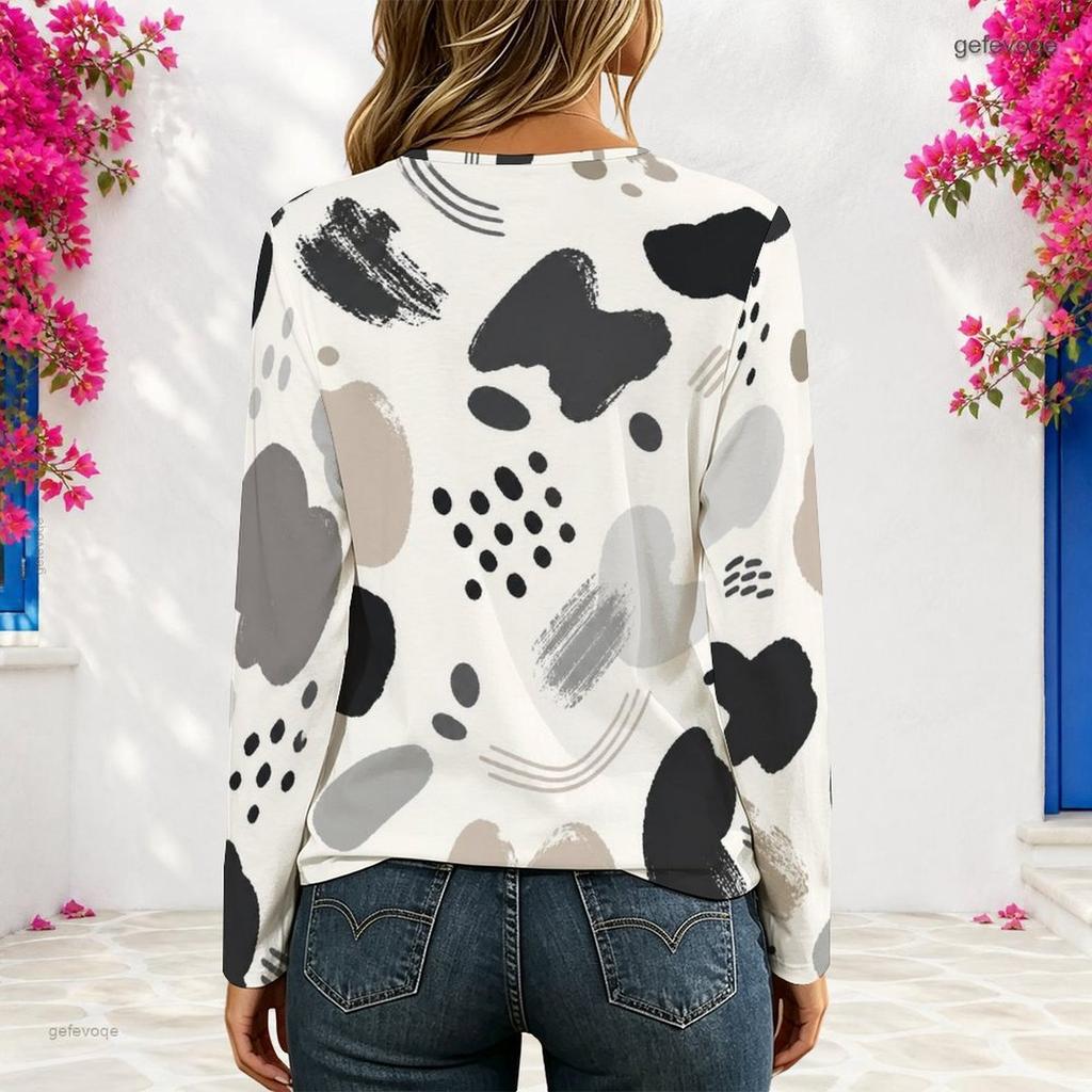 Women Plus Size V Neck Long Sleeve Abstract Printed Eyelet Chain Lace Up Top