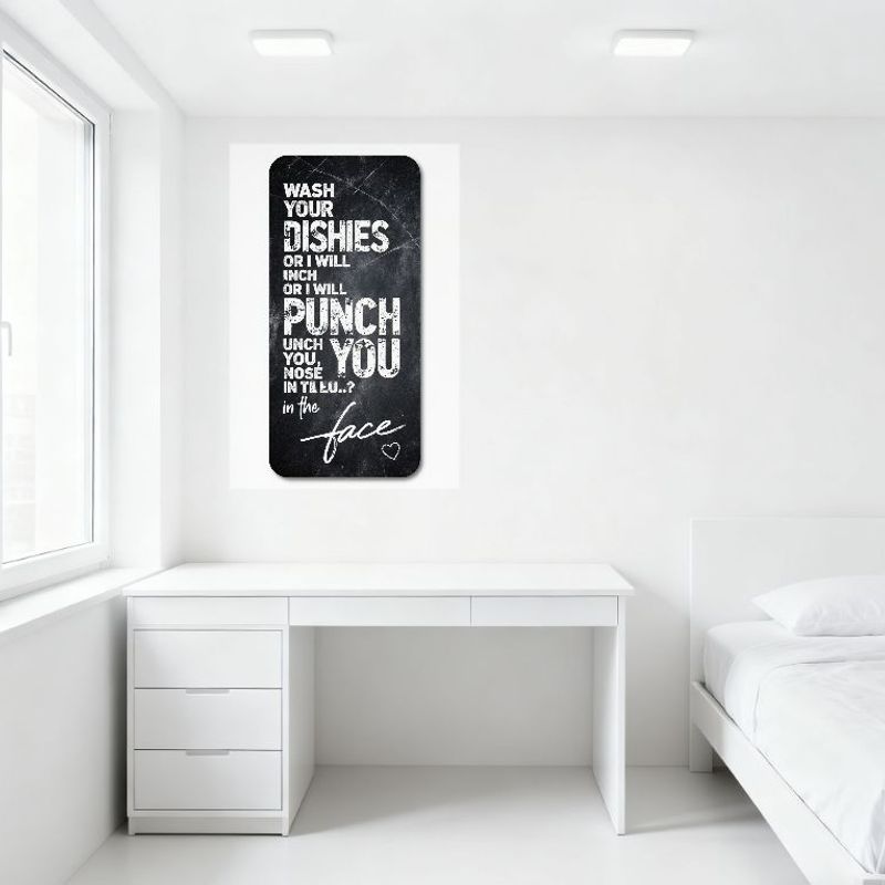 Humor Threatening Wash Dishes Metal Tin Sign, Vintage Distressed Chalkboard Style, Funny Punch Nose In Face with Heart Icon for