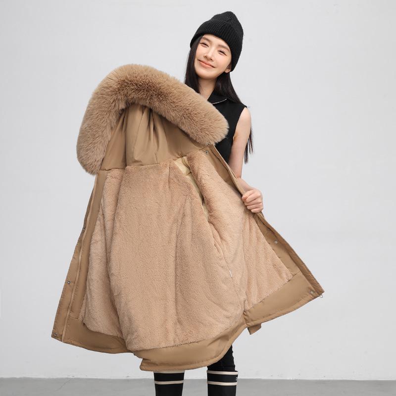 Women's Plus Velvet Fur Collar Parka, Slim-Fit Cotton Padded Jacket, Winter 2024 Collection.