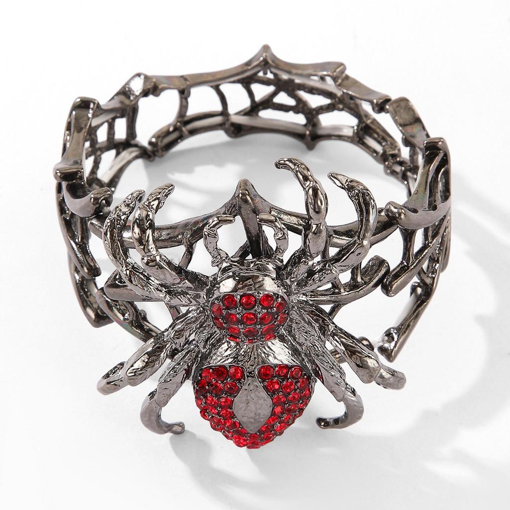 1 Stück Punk Spinnen-Thema Persönlichkeit Armband - Schwerlast Zinklegierung Schwarz Rot Strass Spinnennetz mit Spinnenanhänger, Elastisches Band Design