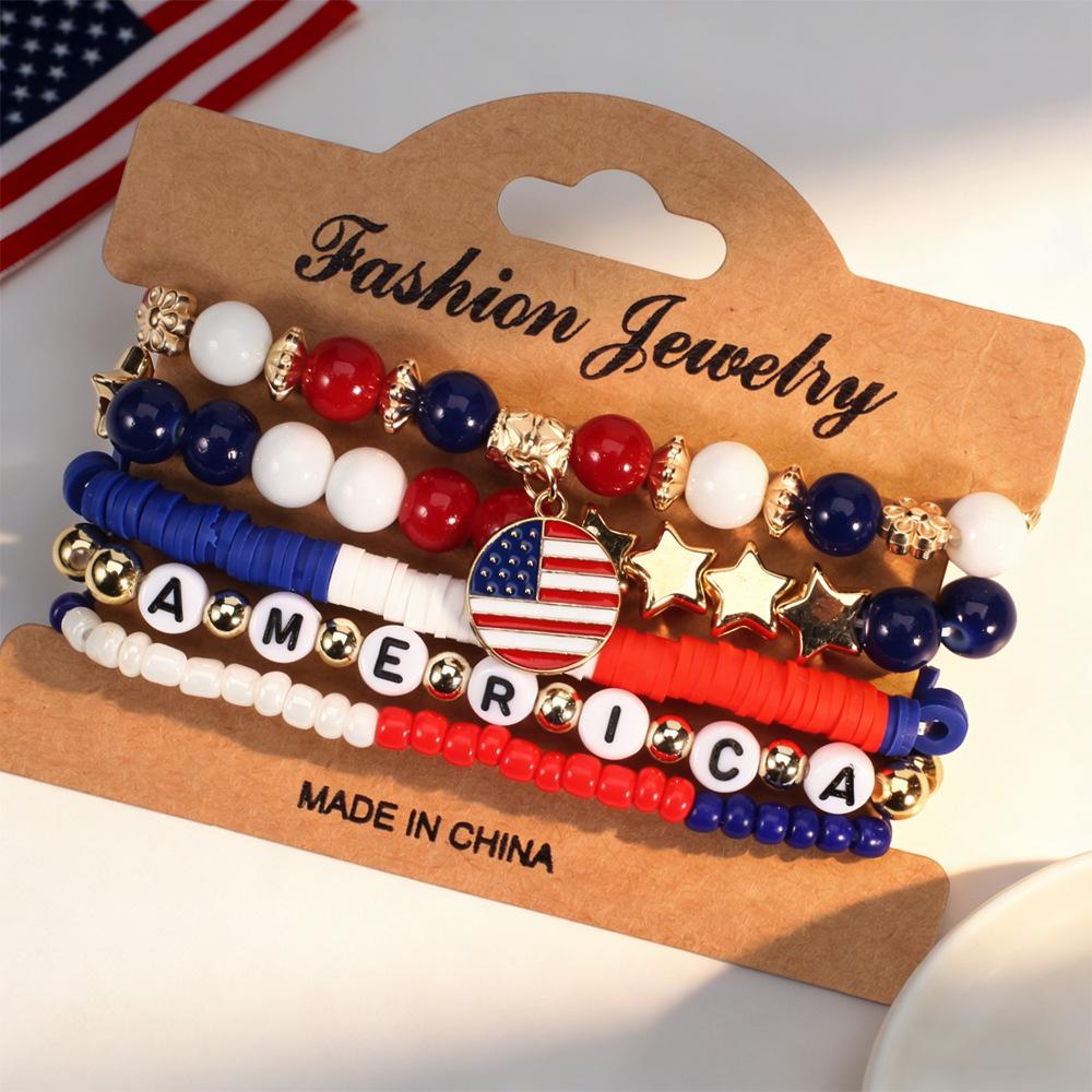 Independence Day Red, White & Blue Beaded Bracelet Set with Artificial Crystal & Polymer Clay