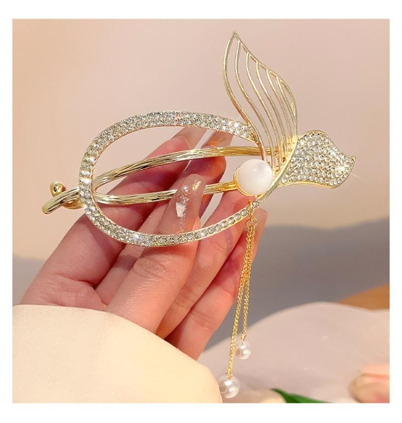 1Pc Pearl Rhinestone Oval Fishtail Twist Clip Back Head Hair Ponytail Clip Advanced Sense Fringed Hairpin Headgear Temperament