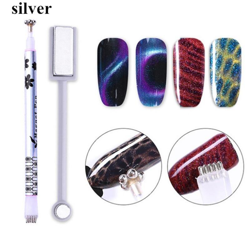 2 Pcs Nail Art Dual-ended Cat Eye Magnet Pen Flower Stripe Grid for DIY 3D Magnetic UV Gel Polish