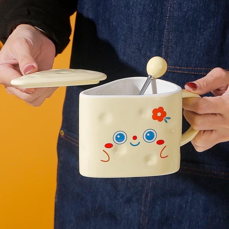 Creative Mug Cartoon Cheese Cup Ceramic Cup Cute with Lid Spoon Gift Coffee Couple Water Cup