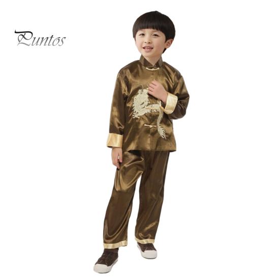 2Pcs/Set Kids Tang Suit Traditional Chinese Dragon New Year Stand Collar Long Sleeves Top Elastic Waist Pants Wing Chun Tai Chi Uniform Boys Clothing