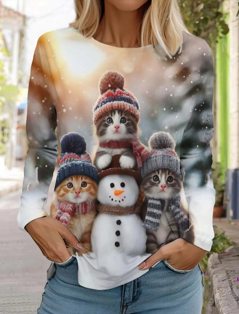Large-sized Funny Women Christmas Cat Pattern T-Shirts Autumn Long Sleeve Christmas Snowflakes 3D Printed Street Ladies Clothing Casual Tops