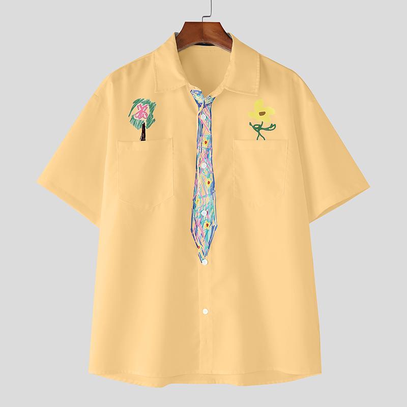 

INCERUN Мужские рубашки оверсайз с лацканами, коротким рукавом, на пуговицах, с мультяшным забавным принтом, повседневные свободные 5XL абрикосовый