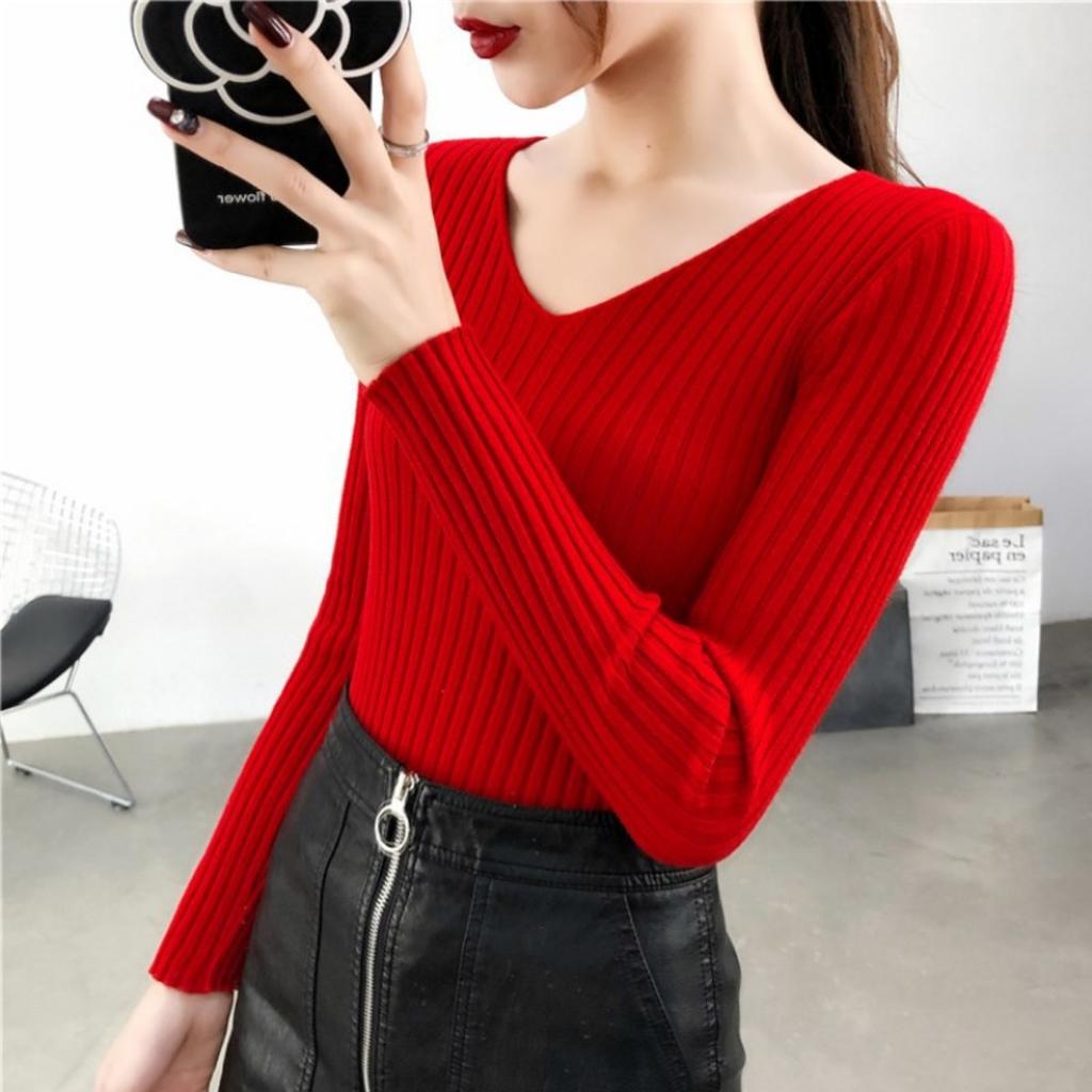 V-neck Sweater, Knitted Sweater, Women's Sweater, Stretch Sweater, Pullover Sweater, Slim Fit Sweater, Base Coat, Inner Layer, Top Coat