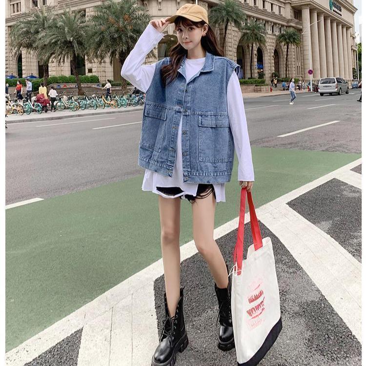 Mode Koreanischer Stil Ärmellose Jeansweste Damen Locker Geschnittene Jeansjacke