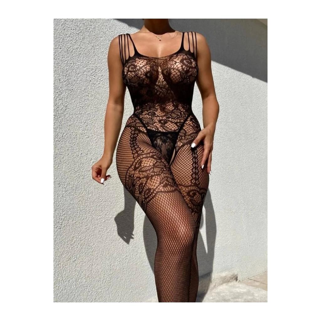 Women's Fantasy Babydoll Garter Patterned Erotic Private Zone Open Sexy Fantasy Body Socks Black