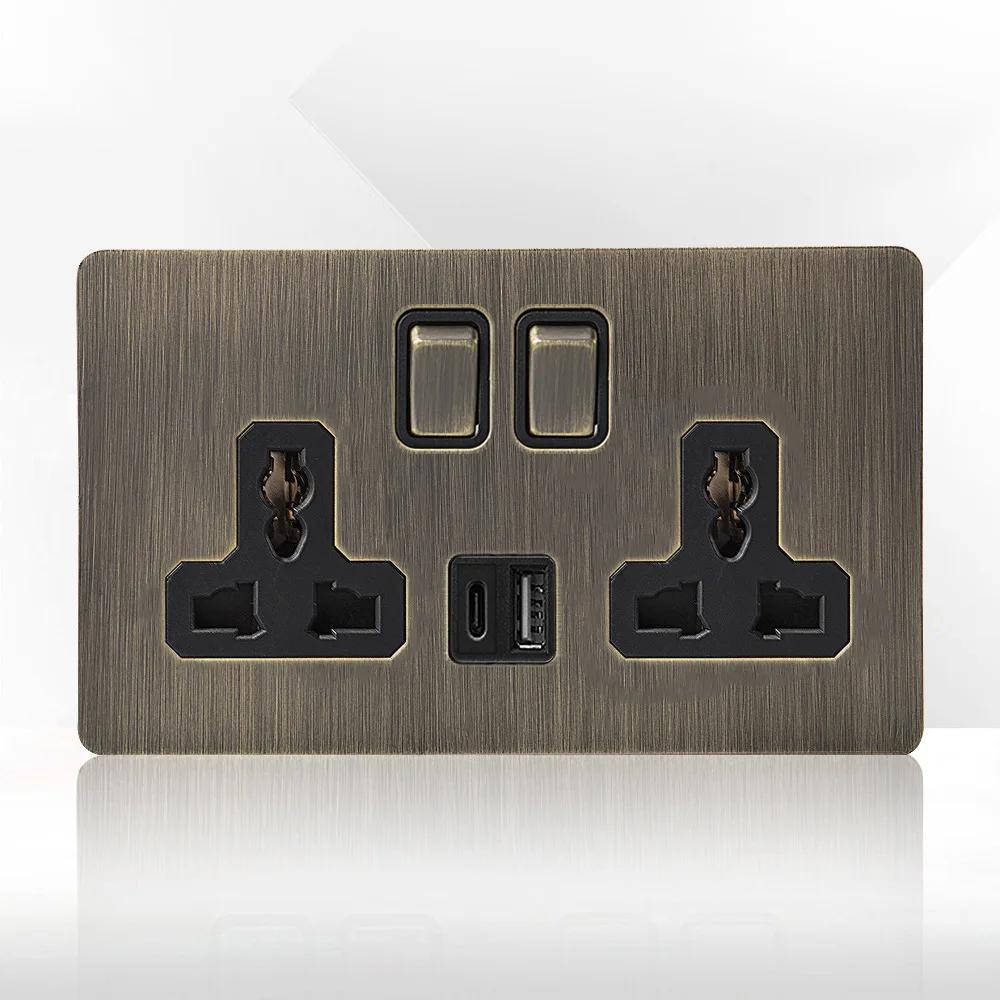 Retro Eu Metal Panel Wall Toggle Light Switch Socket,Bronzed Antique Stainless Steel German 16A Socket with USB Phone Charging