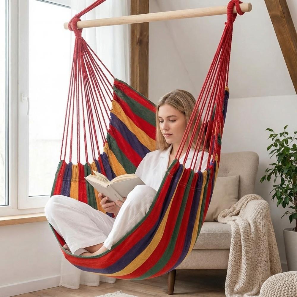 Colorful Stripe Hammock Chair Anti-Rollove Canvas Swing Durable Canvas Hanging Chair  Indoor