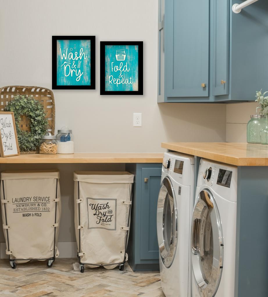 Inkdotpot 2 Piece Laundry Signs for Laundry Room Decor Wash Dry Fold Repeat Poster With Frame, Laundry Room Wall Art Signs Framed