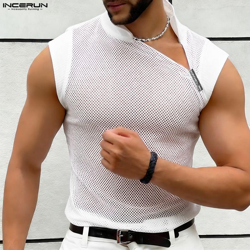 INCERUN Men Cutout Neck Sleeveless Mesh See Through Stitching Tank Tops