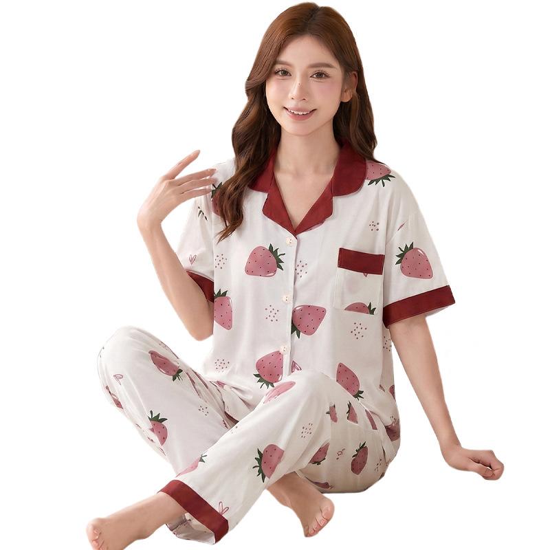 Superior sweet ladies strawberry print imitation cotton pajamas loungewear loose large size short sleeves trousers set