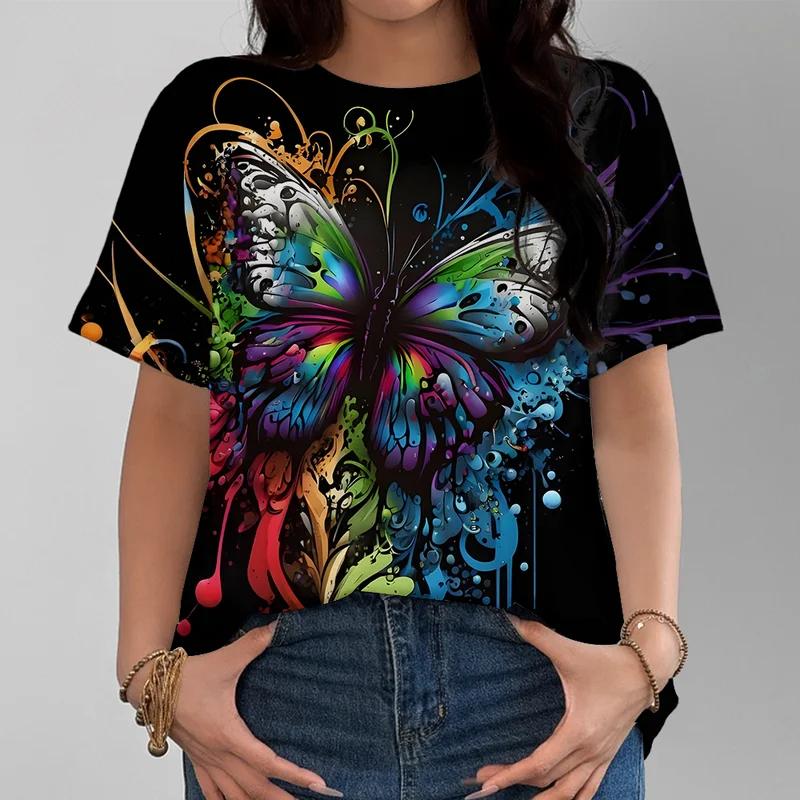 Summer Round Neck 3D Colorful Art Butterfly Pattern Print Top Fashionable Casual Short Sleeved Women's T-shirts