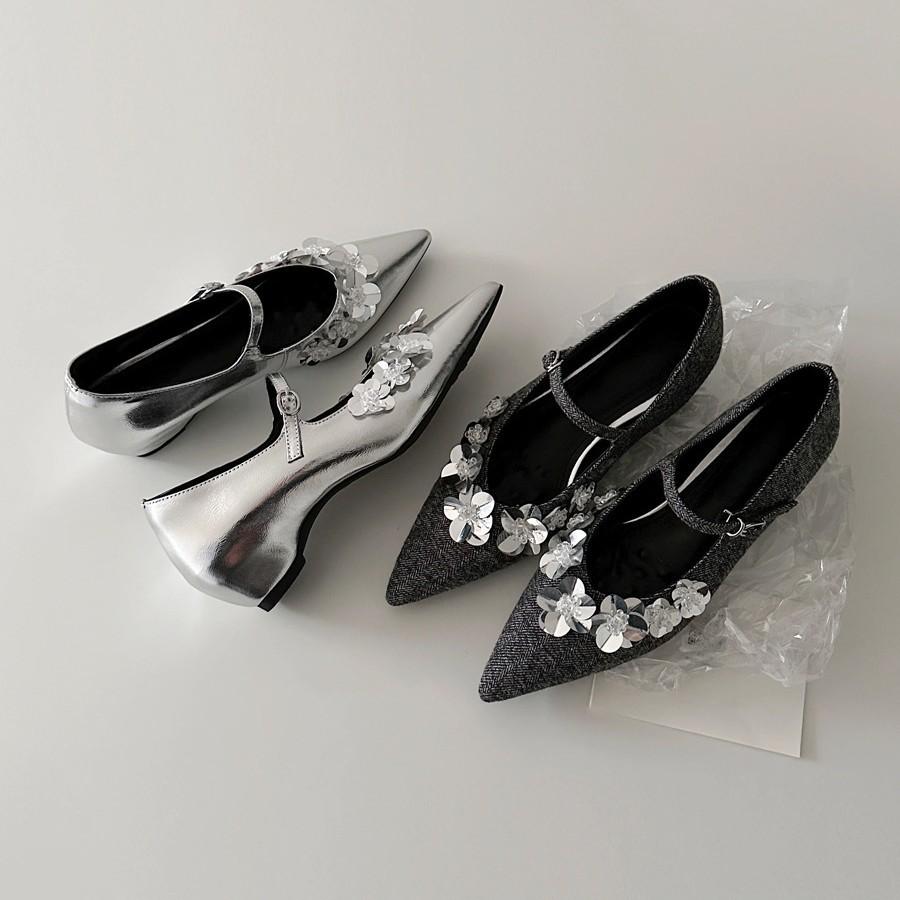 Fashion Sequin Flower Designer Shoes Women Pointed Toe Shallow Footwear Ladies Comfort Fashion Brand Elegant Mary Jane Shoes Women