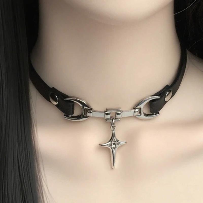 2026 New Punk Dark PU Leather Cross Chocker Neck Strap Daily Clavicle Chain Collar Female