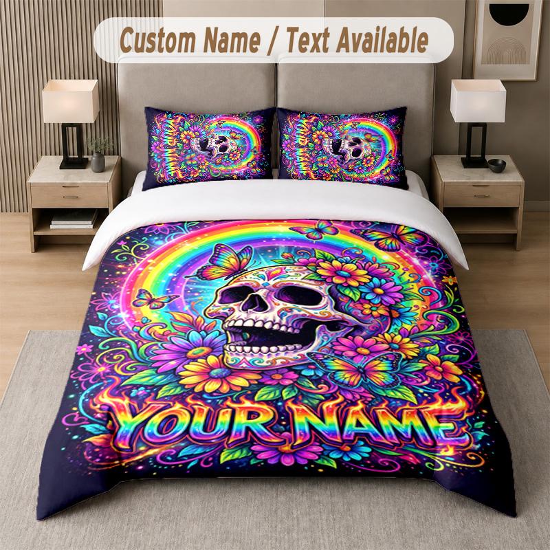 Skull Gothic Theme Custom Text Or Name 3Pcs Bedding Set 1 Flat Sheet & 2 Pillowcases Personalized Home Bedding
