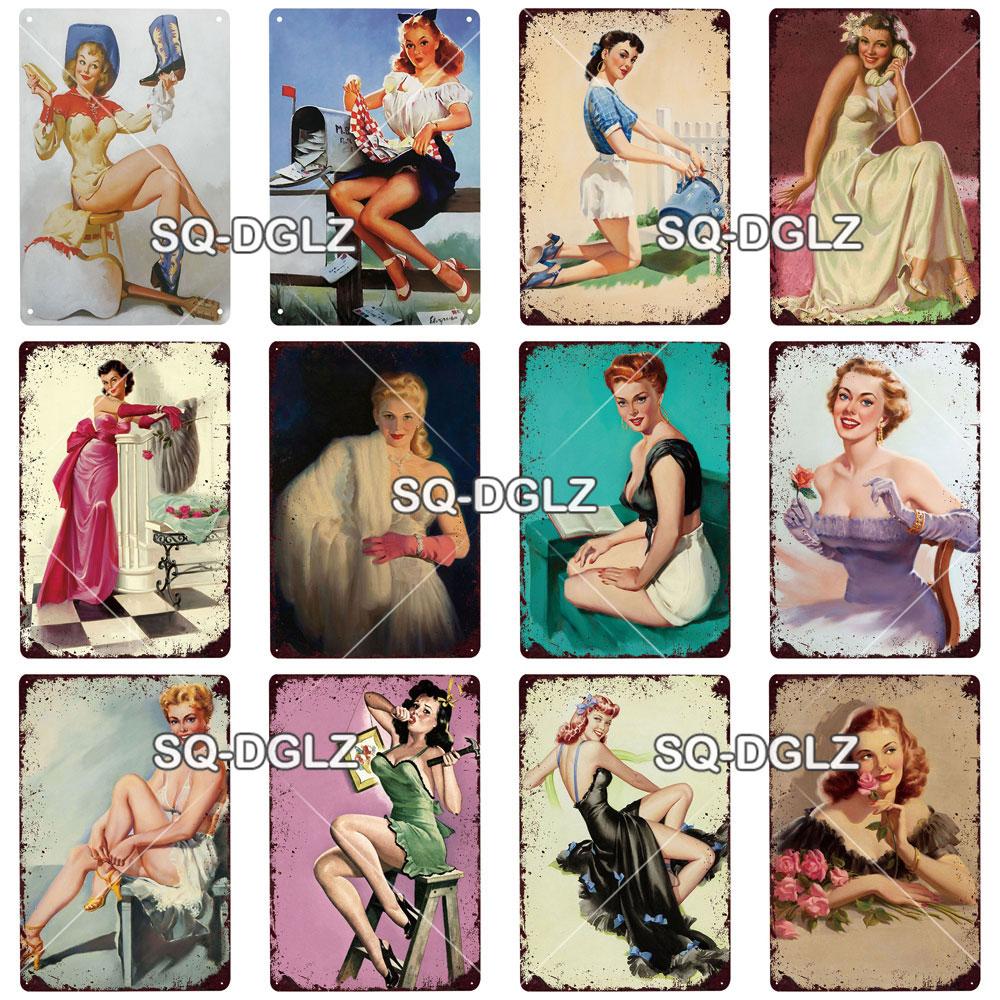 [SQ-DGLZ] Pinup Girl Plakette Metall Vintage Bar Möbel Teller Garagenschild Vintage Deko Man Cave Dekoration Geschenk