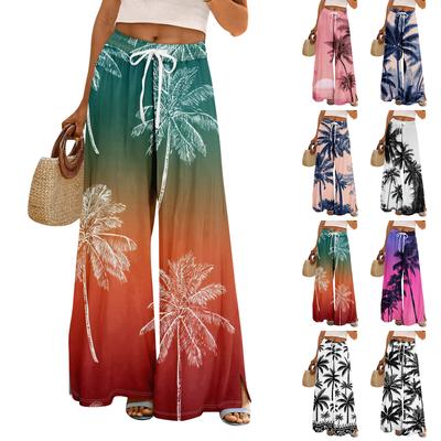 Women Summer Boho Palazzo Pants High Waist Wide Leg Floral Printing Casual Trousers With Pockets