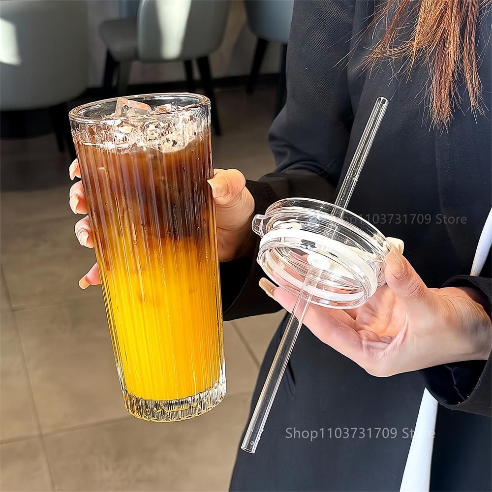 600ML Stripe Glass Cup With Lid and Straw Thickened Transparent Coffee Cup Drinking Glasses For Milk Tea Juice Iced Coffee Mugs