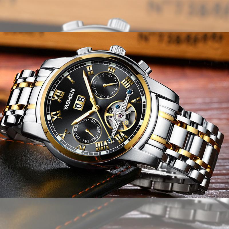 Multifunction Hollow Fully Automatic Mechanical Watch Waterproof Sun And Moon Star Steel Belt Men'S Watch WatchMoon Jewelry