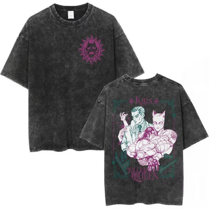 T-shirt Lavata Anime Le Bizzarre Avventure di JoJo Kira Yoshikage Killer Queen Magliette Manga Uomo Donna Abbigliamento Cotone Maglietta Casual