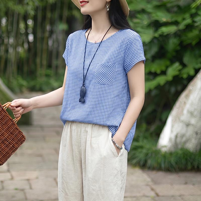 ZANZEA Women Grid Print Casual Round Neck Loose Short Sleeve Blouse