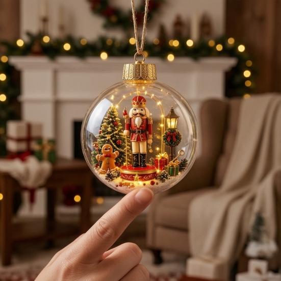 Decorative Acrylic Christmas Ornaments Tree Crystal Ball Pendant with LED Light, Built-in Christmas-themed Gift for Family Pattern Design, Hanging