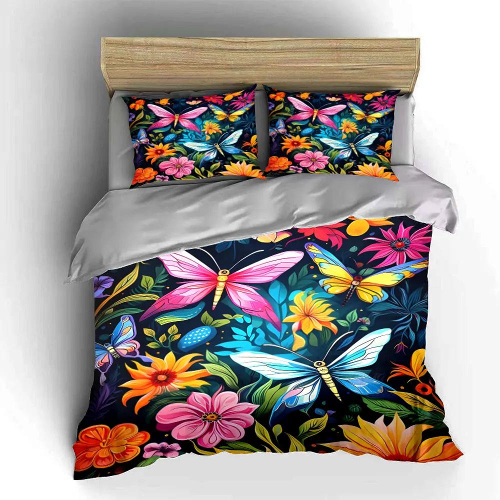 Colorful Butterfly Floral Decoration Soft Comfortable Duvet Cover Bedding Set Included 1*Duvet Cover & 2*Pillowcases Gift
