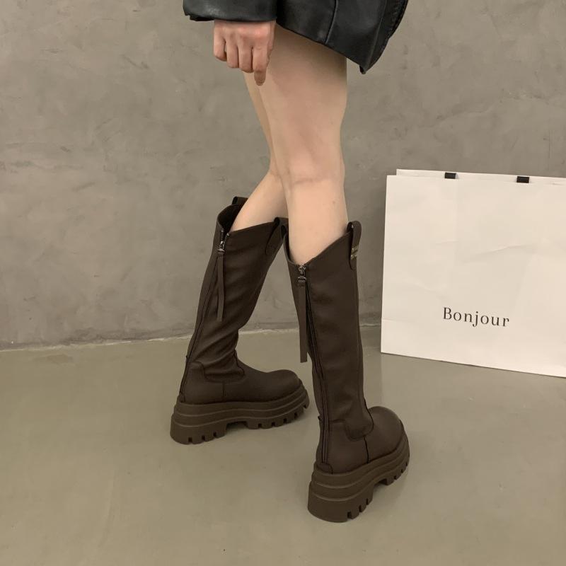 

Thick heel thick sole V-mouth high heel boots 2025 thin but knee knight boots autumn zipper thin boots 39 коричневий