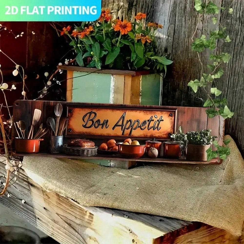 Vintage French Bon Appétit Metal Wall Sign, Rustic Farmhouse Kitchen Decor, Pre-Drilled Holes, 15.7x3.9 Flat Wall Art