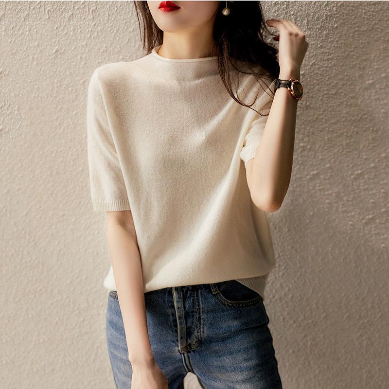 

2024 Summer Women s Ice Silk Slim Fit High Neck Short Sleeve Top One Size