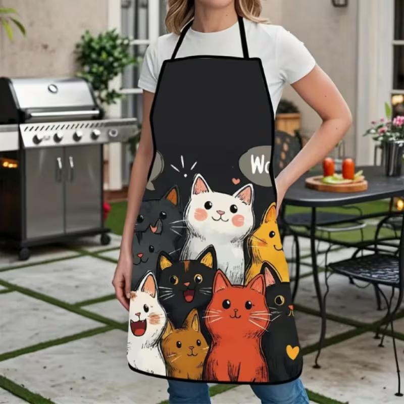 Cute Cat Print Apron - Durable Polyester, Adjustable Neck Strap, Ideal for Kitchen & Dining Use, Black with Colorful Cat Illustrations, Kitchen Apron
