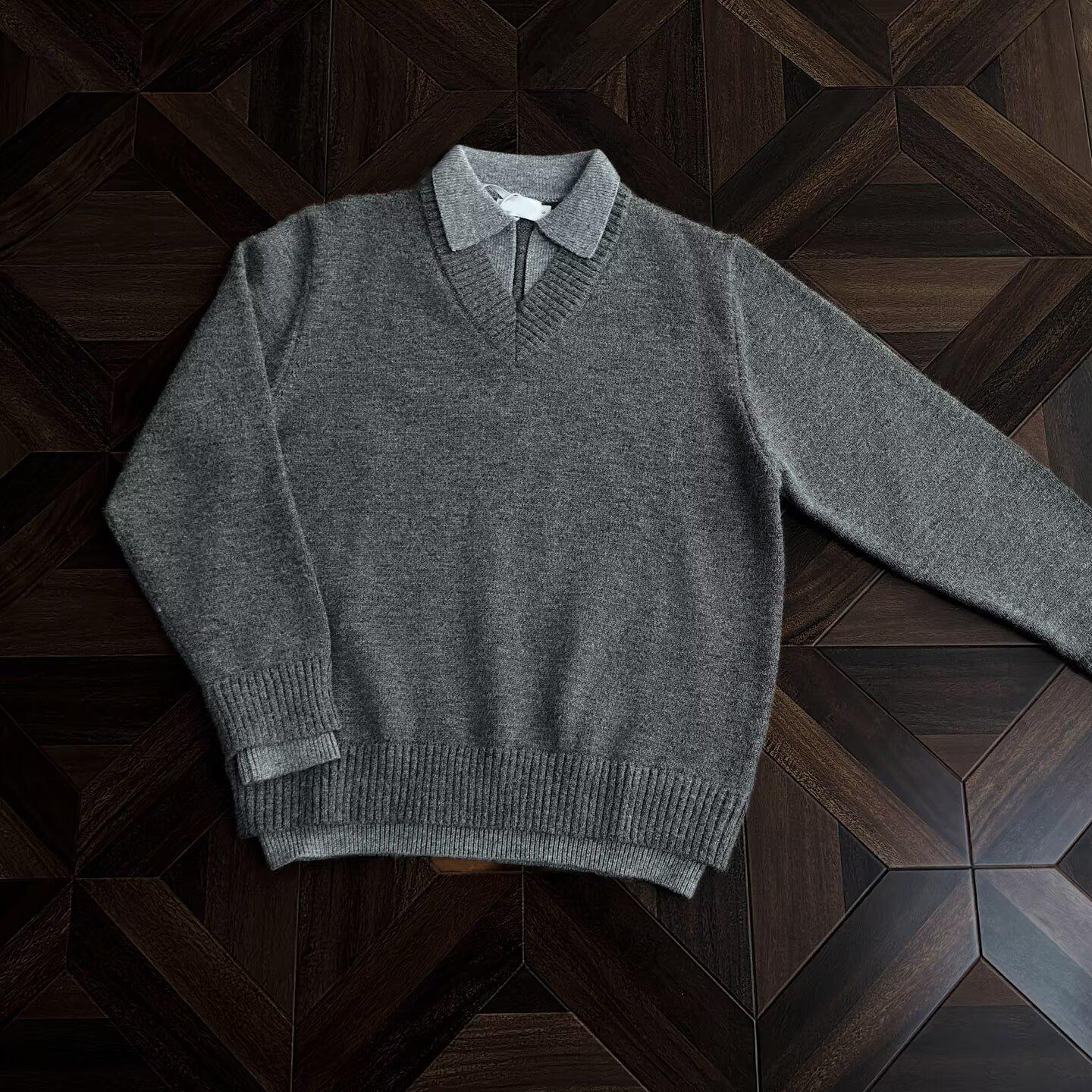 Men s V-Neck Retro Style Knitwear Top - Faux Two-Piece, Winter Lapel, Loose Fit XXL