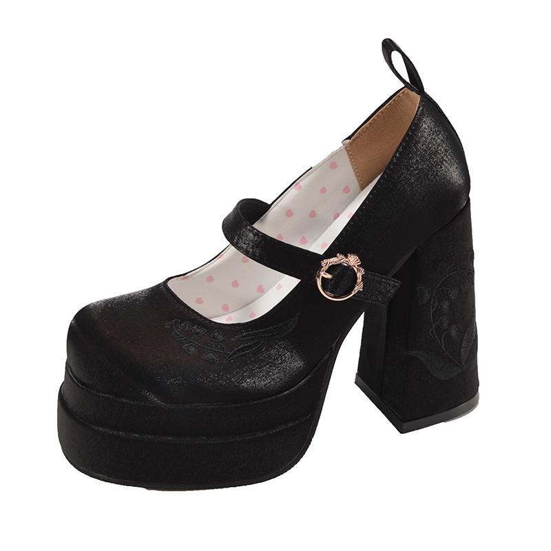 Fashion Women's Thick Heel Shoes Autumn New Round Head Shallow Mouth Embroidery Thick Sole Anti-slip Wear-resistant High Heels