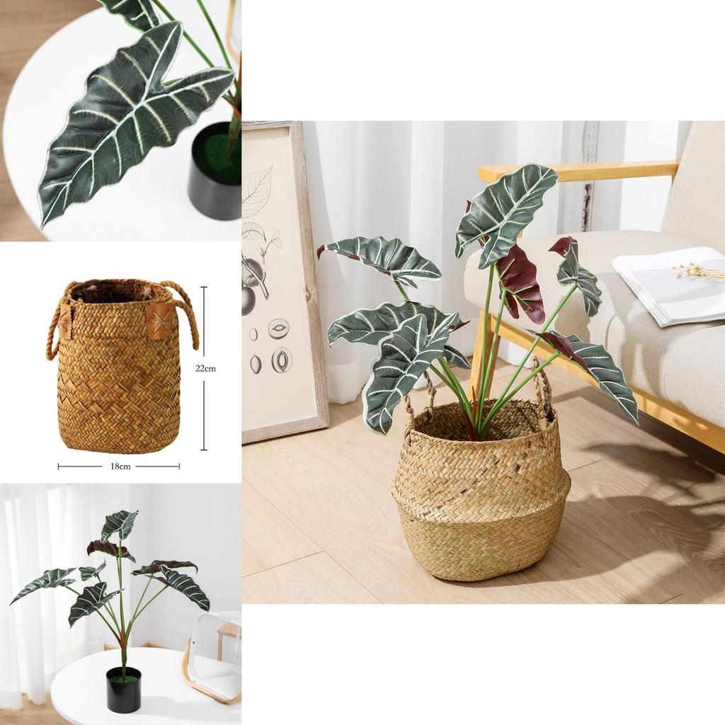 Style Artificial Alocasia Odora Leaf Plant With Handcrafted Basket For Home Decor