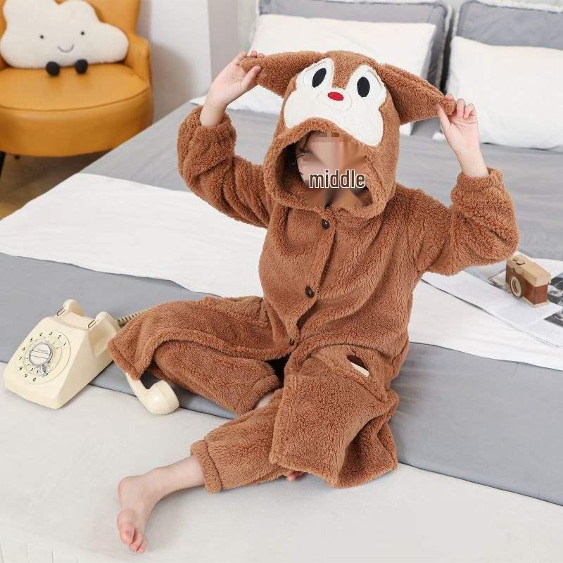 Kids Coral Fleece Pajama and Bathrobe Set - Cute Design for Boys & Girls, Plus Velvet for Autumn & Winter