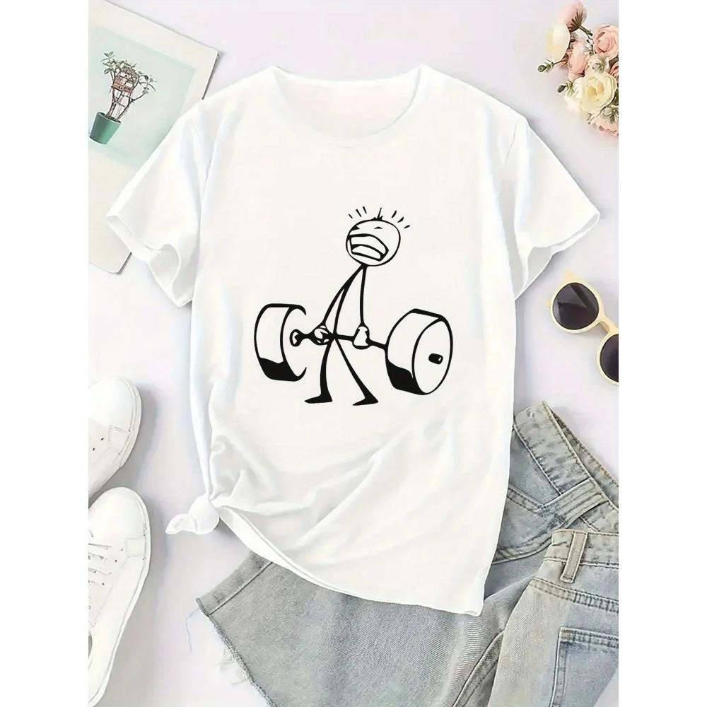Dumbbell Graphic Print Tee Gym Casual Wear Summer Short Sleeved Harajuku Streetwear Tops Women Clothing