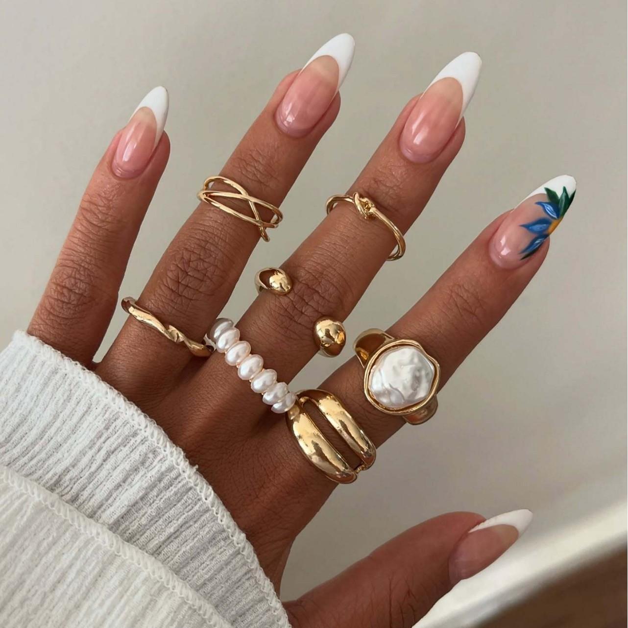 

European and American imitation pearl ring set trendy retro light luxury multi-layer geometric curved ring hand jewelry